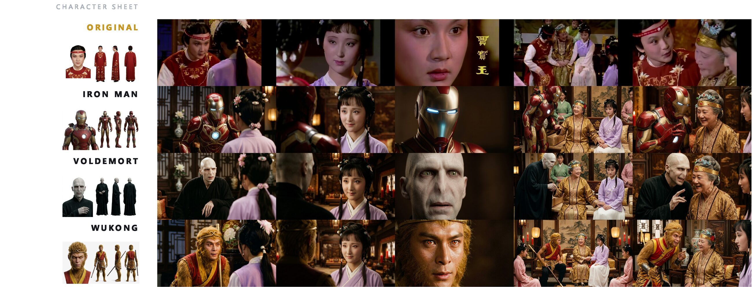 Cross-domain identity replacements in a classical-drama sequence.